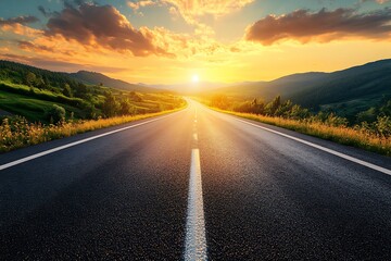 A long open road leading to the bright sunset sky