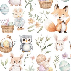 Obraz premium Seamless Watercolor Easter Pattern with Cute Baby Fox, Bunny, and Deer Among Pastel Eggs and Leaves for Spring and Holiday Designs