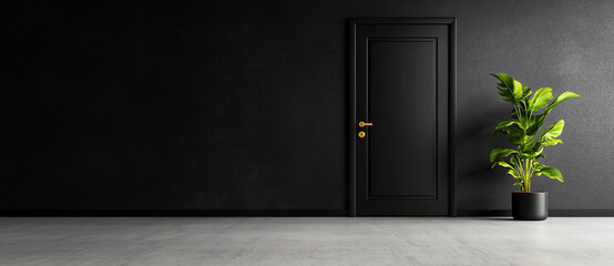 black closed door on gray wall background with green plant in pot creates modern and minimalist atmosphere. contrast between door and wall enhances sleek design