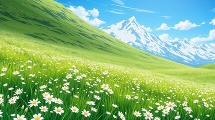 Fototapeta premium Green landscape field with white flowers and snow mountain illustration.