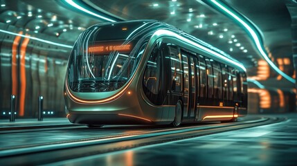 A futuristic electric bus in a high-tech transit hub with metallic bronze and vibrant green highlights.