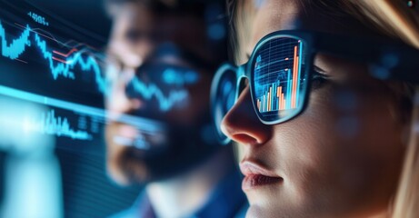 Woman analyzing stock market data through AR glasses, optimizing trading strategies with real-time charts and predictive analytics.