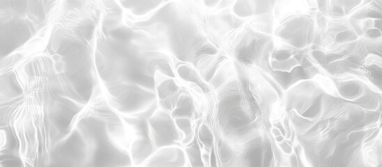 Fototapeta premium White water texture, a clear, transparent, and calm surface with ripples and waves against a light gray background. Minimalist flat lay banner for a spa or beauty concept