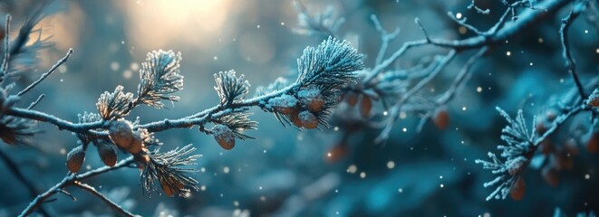 Blurred snowflakes on the pine tree branches, banner design. Winter fairy tale wallpaper. Abstract nature backdrop. Soft bokeh light effect.