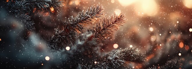 Blurred snowflakes on the pine tree branches, banner design. Winter fairy tale wallpaper. Abstract nature backdrop. Soft bokeh light effect.
