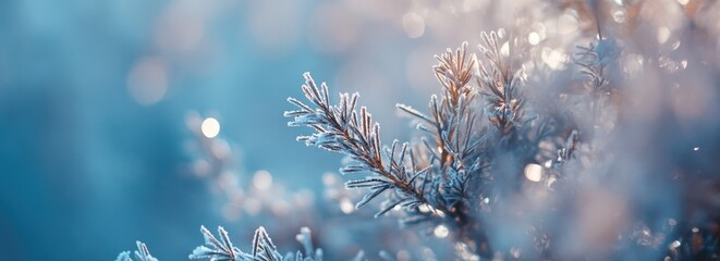 Blurred snowflakes on the pine tree branches, banner design. Winter fairy tale wallpaper. Abstract nature backdrop. Soft bokeh light effect.