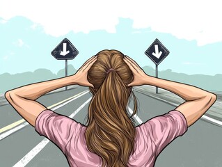 Woman with her hands behind her head, looking at two roads diverging in different directions on the road and a sign pointing to one of them with a black arrow symbol.