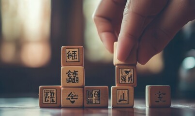 Wooden blocks with business icons stacked on top of each other, a hand adding the last one, the background blurred to emphasize the wooden blocks and icons.