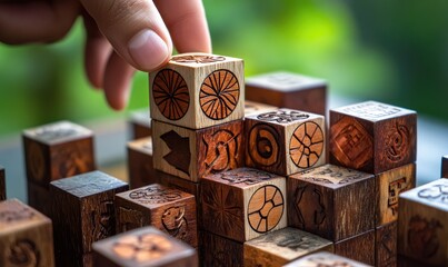 Wooden blocks with business icons stacked on top of each other, a hand adding the last one, the background blurred to emphasize the wooden blocks and icons.