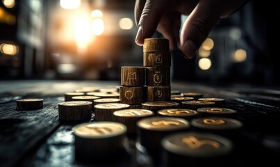 Wooden blocks with business icons stacked on top of each other, a hand adding the last one, the background blurred to emphasize the wooden blocks and icons.
