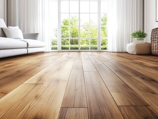 Wooden floor in a modern living room with white curtains and large windows.