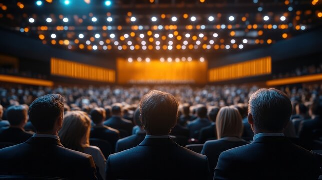 Business professionals attending a large business conference in a modern convention center, with bright lighting, stage presentations, and digital screens.