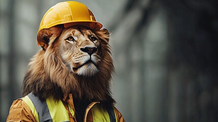 A confident lion in a hard hat and safety jacket, perfect for promoting World Safety Day or workplace safety campaigns, blending professionalism with whimsy.