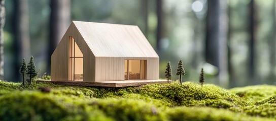 Wooden house model on green moss in a forest with a blurred background of a natural landscape. This concept represents eco-friendly living and home energy efficiency.