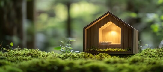 Wooden house model on green moss in a forest with a blurred background of a natural landscape. This concept represents eco-friendly living and home energy efficiency.
