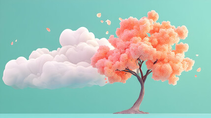 Fluffy Cloud and Peach Blossom Tree in Pastel Background