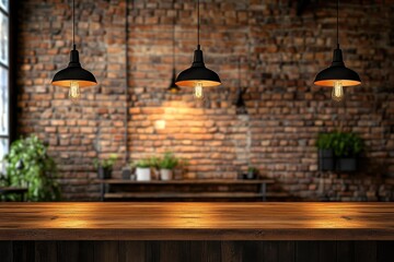 Wooden table in the blurred background of an interior modern cafe with a brick wall and hanging lamps.