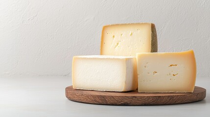 Cheese selection on wooden board, light background, food display