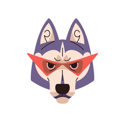 Fototapeta premium Avatar of happy Siberian husky in trendy sunglasses. Portrait of stylish dog in fashion geometric shape glasses for techno rave. Cute puppy in eyeglasses. Flat isolated vector illustration on white