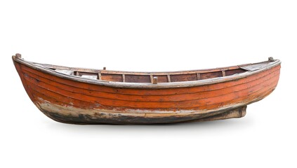 Isolated weathered orange wooden fishing boat