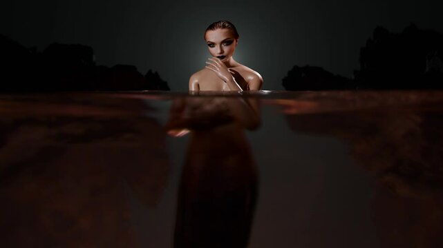 A mystical and dangerous mermaid emerges from the depths of a strange lake, 3d abstraction