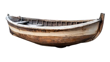 Antique wooden fishing boat, isolated on white background, empty interior