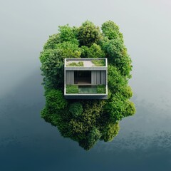 Luminescent floating forest island ecohouse a serene retreat over water in nature's embrace