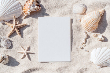 Blank Invitation card mockup on a costal beach for Mermaid party.