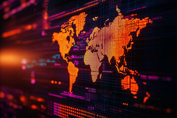 Abstract digital world map with glowing orange continents and technology inspired background. This vibrant design represents global connectivity and data visualization