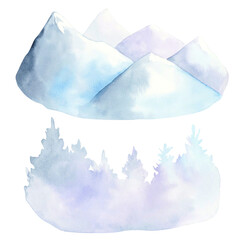 Children's winter illustration.  Mountains and spruce background. Watercolor. Clipart Collection