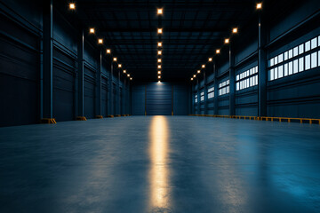 spacious industrial hangar with steel walls and polished concrete floor, illuminated by bright overhead lights, creating modern and functional atmosphere