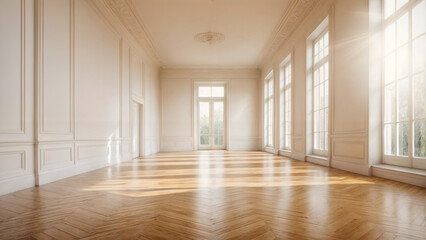 This image shows a large, bright room with hardwood floors and tall windows that allow natural light to flood into the space.	
