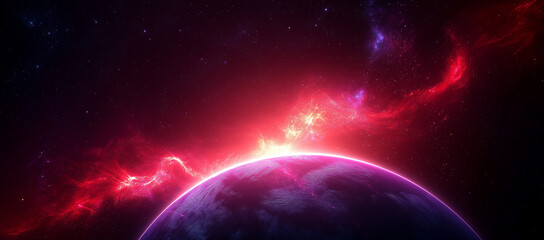 stunning cosmic scene featuring vibrant planet illuminated by fiery nebula, set against backdrop of deep space filled with stars
