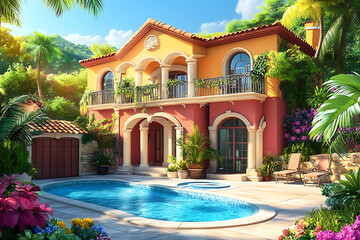 Fototapeta premium A vibrant villa with a pool surrounded by lush greenery and colorful flowers.