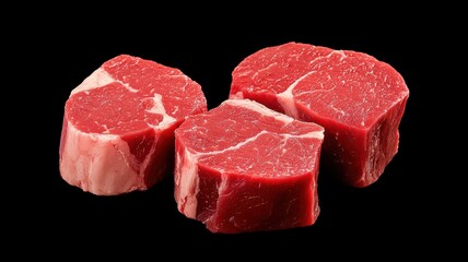 Fototapeta premium Fresh cuts of red meat displayed against a dark background, showcasing marbling and quality, ideal for culinary presentations.