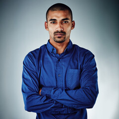 Obraz premium Arms crossed, serious and portrait of business man for advertising director, pride and creative. Public relations manager, campaign advisor and consultant with person on white background in studio