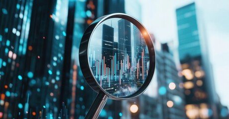 Financial Analysis: Magnifying glass focusing on a city skyline, with a stock chart overlay, representing market analysis and insights.