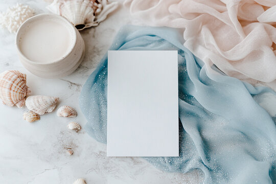 Blank Invitation card mockup on a costal beach for Mermaid party.