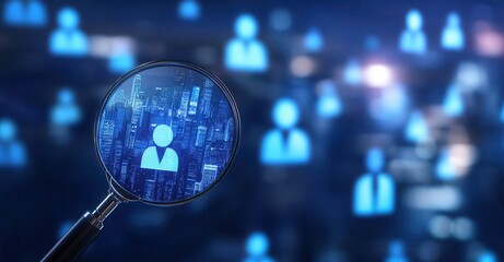 A magnifying glass focuses on a person icon against a city skyline, surrounded by blurred person icons in a blue-toned, futuristic setting.