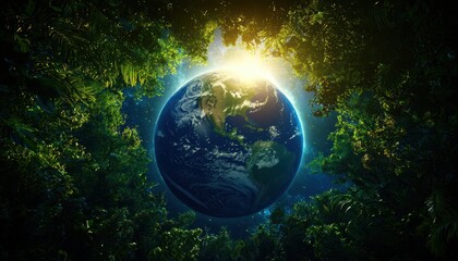 Luminescent earth orb surrounded by radiant energy nature digital artwork enchanted forest close-up view environmental harmony
