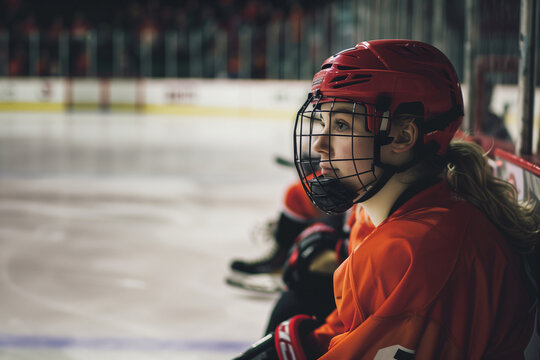 A young female ice hockey player sitting on the bench