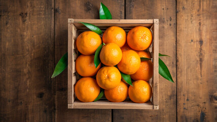 fresh orange fruits in a box on wooden table, top view