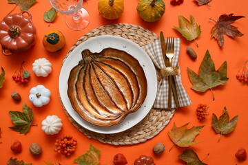 Beautiful table setting for Thanksgiving Day celebration on orange background