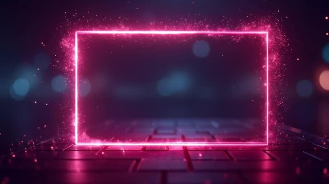 Neon Rectangular Portal with Sparkling Particles and Depth of Field