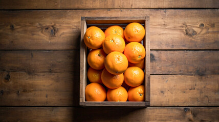 fresh orange fruits in a box on wooden table, top view