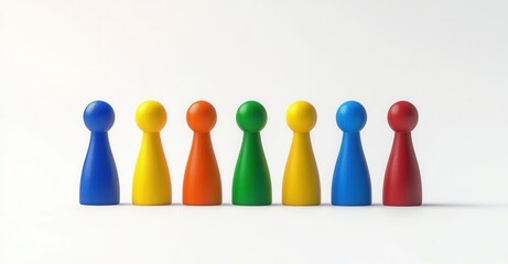 Colorful game pieces stand in a row, each a different color. A group of different colored objects is displayed against a white backdrop.