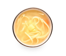 Bowl of tasty chicken soup on white background
