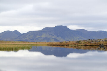 Mountains reflecting in a lake in iceland under cloudy sky
