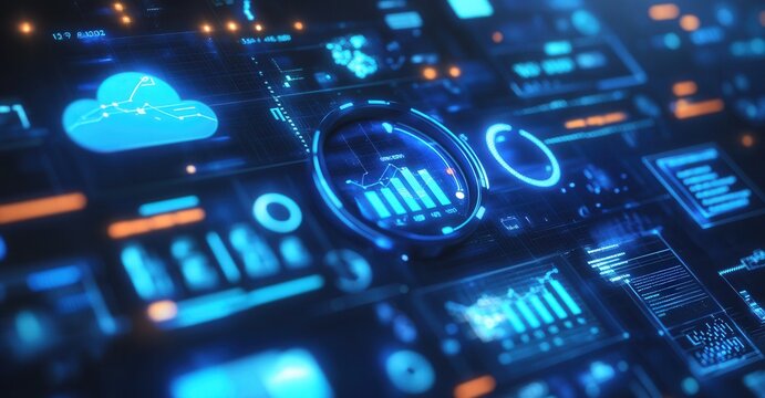 Futuristic interface with glowing charts, graphs, and data visualizations showcasing innovation and high-tech.