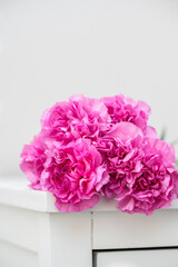 Bright Carnations on White Dresser